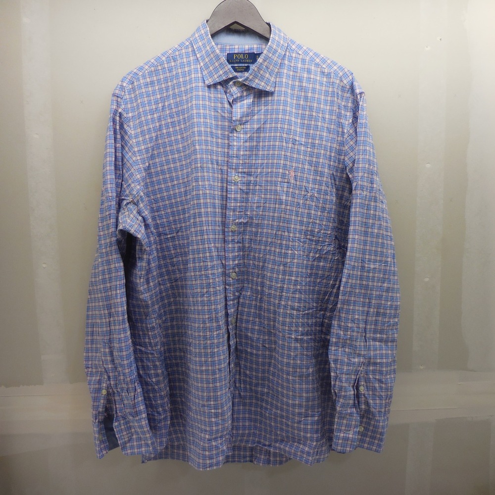 Polo Ralph Lauren Mens XL Blue Pink Plaid Cotton Stretch Button Down Shirt